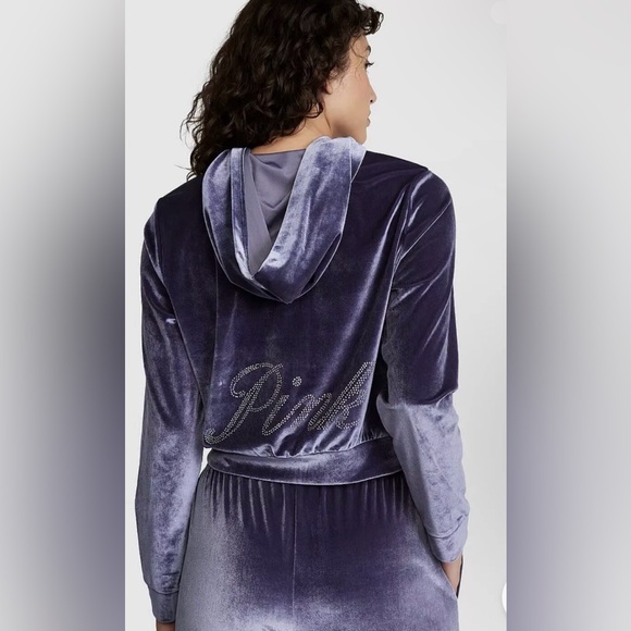 Victoria Secret Pink Bling Velour Shine Full-zip Crop Hoodie Midnight Navy Xl - Picture 4 of 9